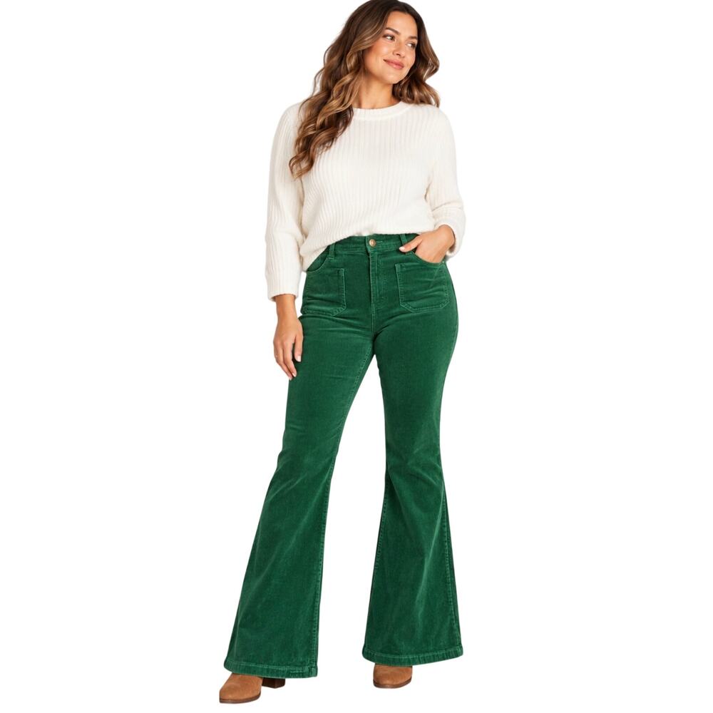 ModCloth Green Corduroy Flare Pants, Hiigh Rise 70s Retro Bell Bottom, Size 14